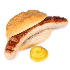 1 Salchicha Bratwurst con panecillo 1 Rost-Bratwurst mit Brötchen